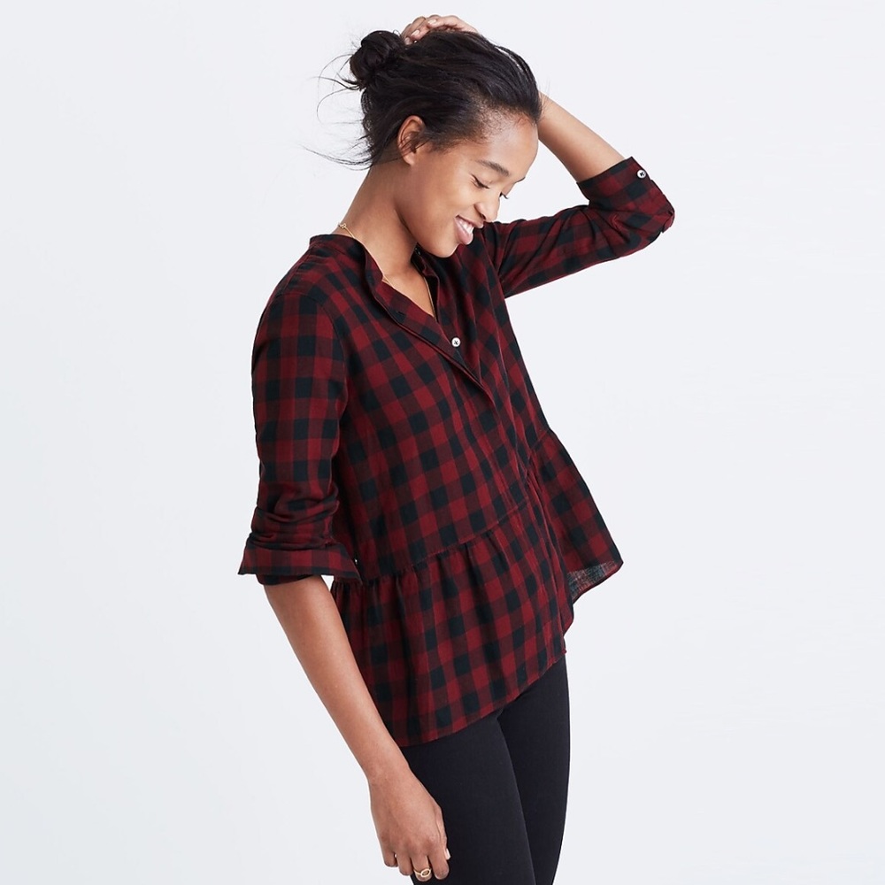 Madewell Lakeside Flannel Button Down Peplum Shirt in Buffalo Check Size XS